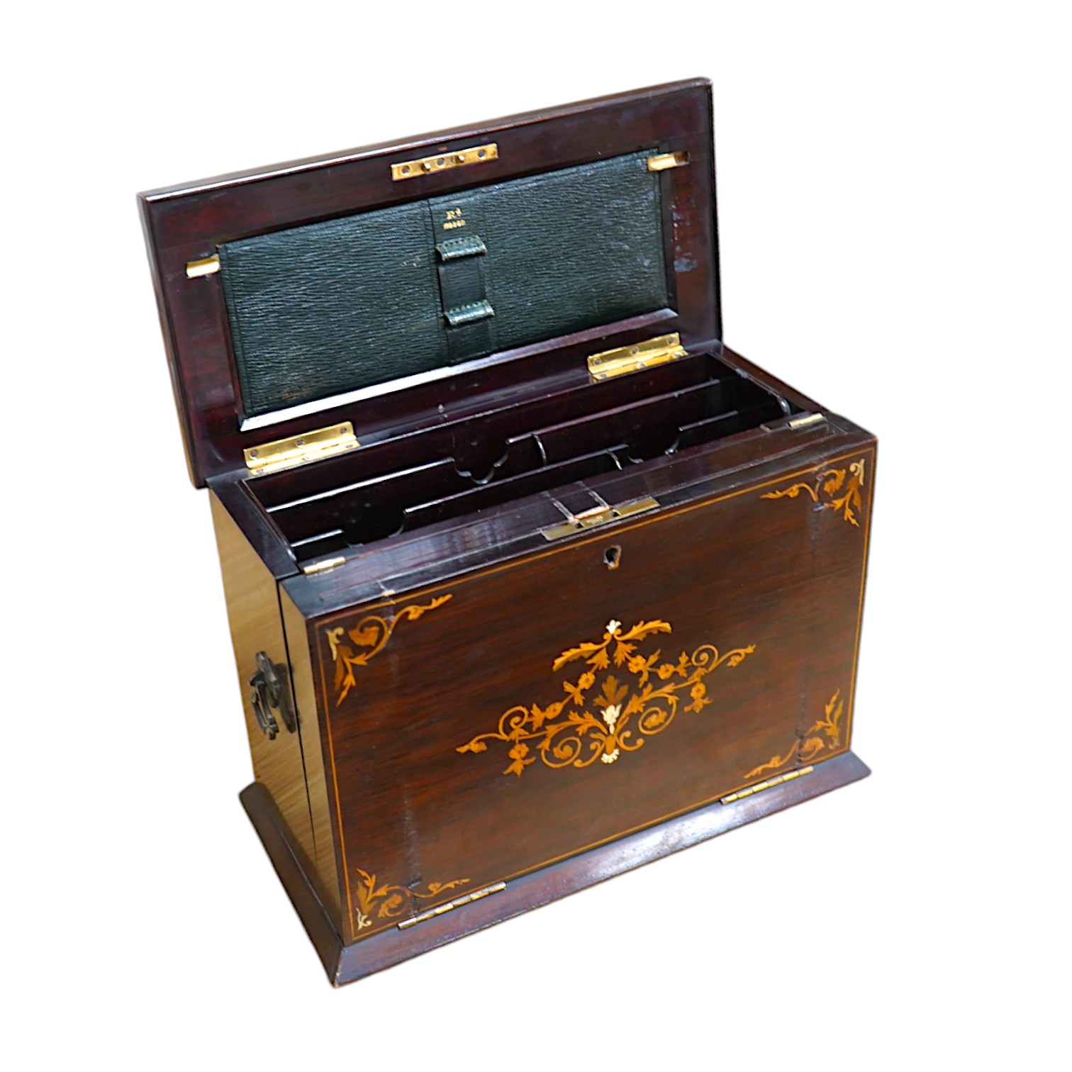 An Edwardian ivory and satinwood inlaid rosewood stationary cabinet ‘Presented to Ernest D’Auban on the occasion of his marriage from the stage staff T.R.D.L. 1906’, 35cm wide. Condition - fair. CITES Submission referenc